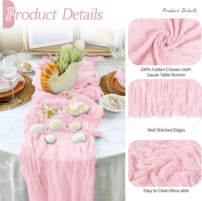 3 Pack Light Pink Cheesecloth Table Runner 17x108 Inch Semi Sheer Boho Gauze - Image 3