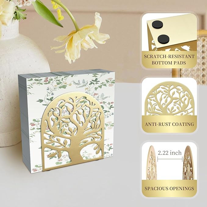 Tree of Life Gold Metal Napkin Holder, Upright Metal Tabletop Napkin Holder with Cushioned Base for Kitchen & Dining Table.