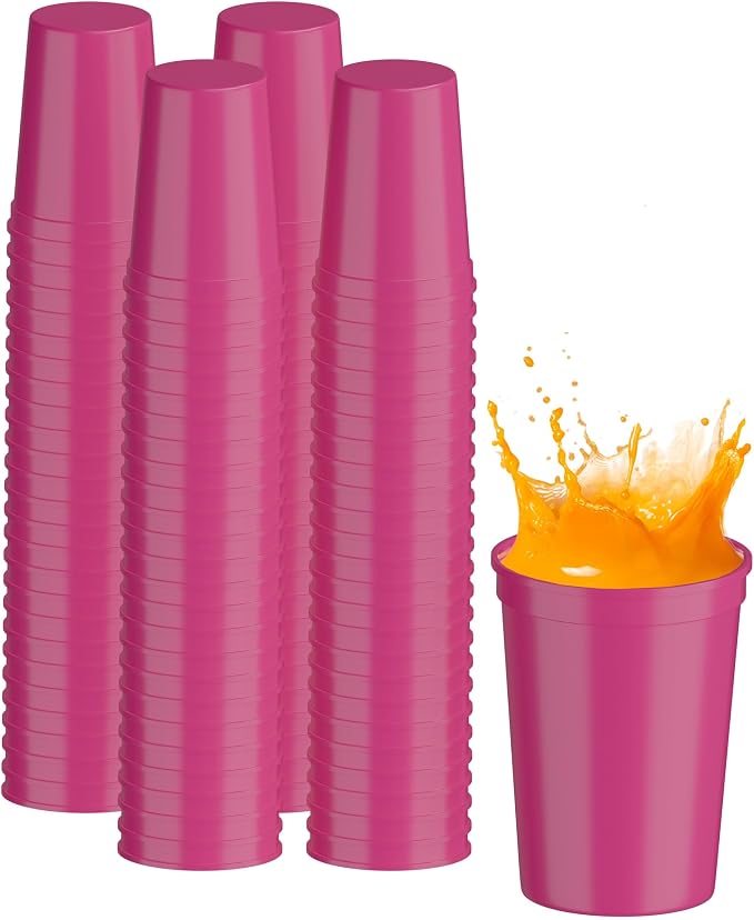 PartyPrints 100 Pack Small 10 to 12 oz Neon Pink Reusable Blank Plastic Cups by PartyPrints