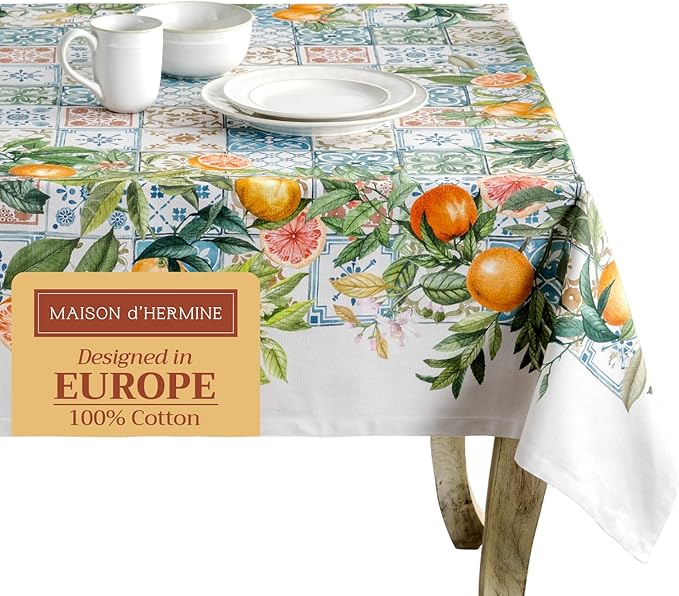 Maison d' Hermine Table Cloth Rectangle Table 100% Cotton 54 x 72 Inches Tablecloth Reusable Decorative for Dining Room Farmhouse Home Valentines Day Decorations Spring Summer - Agrume