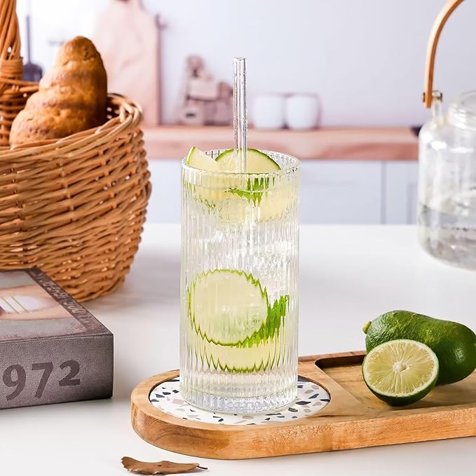 WHJY Ribbed Glassware Highball Glasses Unique Everyday Drinking Glasses Short Glasses Cups Set of 4 for Cocktail, Whiskey, Beer, Juice - 8.8oz 3.7"