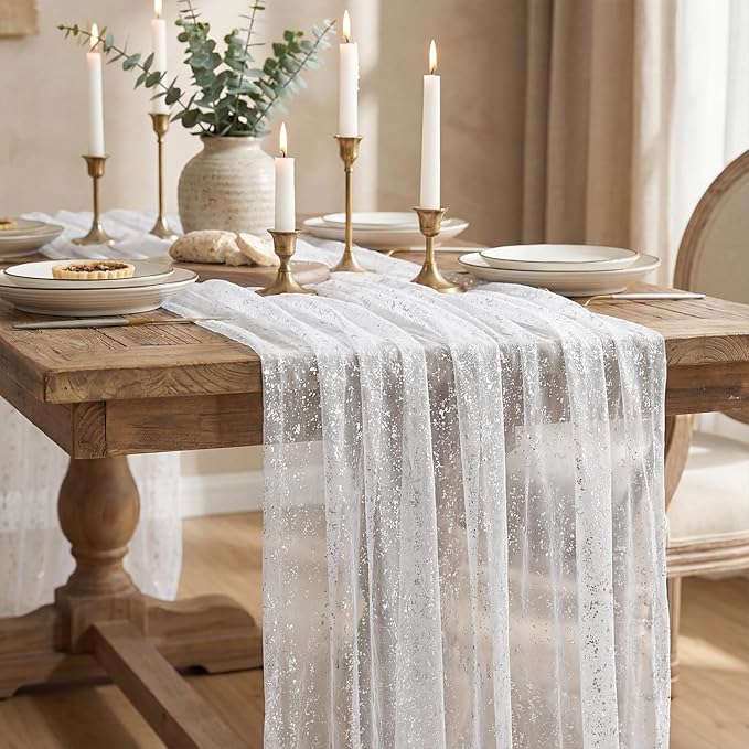 Artoid Mode White Silver Gauze Table Runner 59x120 Inch 10FT, Glitter Metallic Foil Sheer Dining Holiday Wedding Anniversary Birthday Table Decor for Home Party