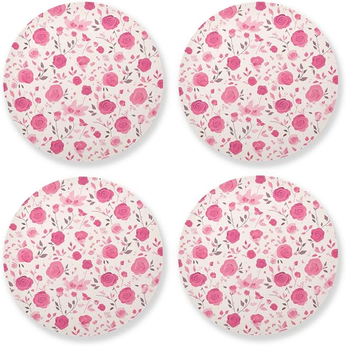 Seamless Pattern Red Roses Absorbent Coasters 4 Piecing Set Cork Base Cups by KLL