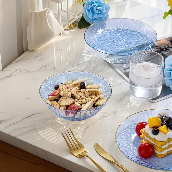 I00000 20 Pack 12 Ounce Blue Plastic Bowls Hammered Gold Rimmed Crystal Like, Heavy duty Disposable Bowl Set,Elegant Soup/Salad/Dessert/Ice Cream Bowls For Party, Weddings, Catering
