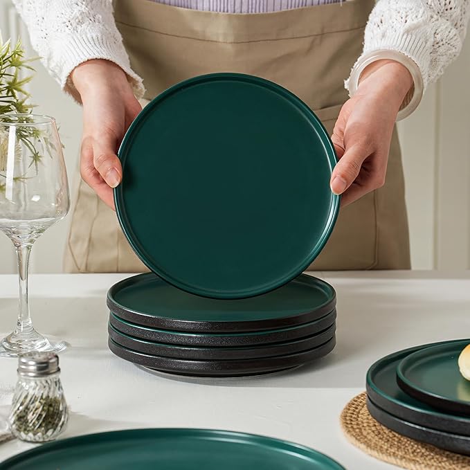 12 Piece Ceramic Dinnerware Set for 4, Modern Minimalist Stoneware Dinner Plates and Bowls, Microwave Safe, Dishwasher Safe, Versatile for All Seasons, Matte Green
