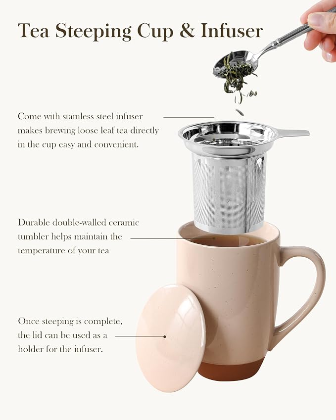 MALACASA Ceramic Tea Mug with Lid and Stainless Steel Infuser, 18 oz Large Tea - Image 5
