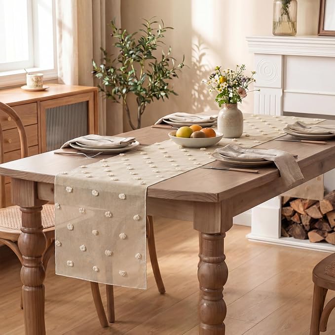 Artoid Mode Champagne Pom Pom Tulle Table Runner, Seasonal Washable Kitchen - Image 5