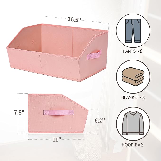 Closet Baskets for Shelves Trapezoid - Decorative Storage Baskets with Handle, Closet Bins for Organization, Shelf Storage Bins for Clothes, Books, Home, Office, 3 Pack, Pink
