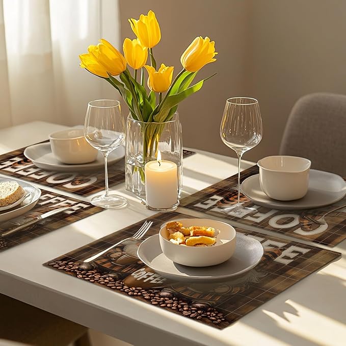 Coffee Gnomes Placemats Set of 4, Cafe Station Table Mats, Washable Place Mats for Coffee Bar Home Party Indoor Kitchen Dining Table Decor 12x18 Inch