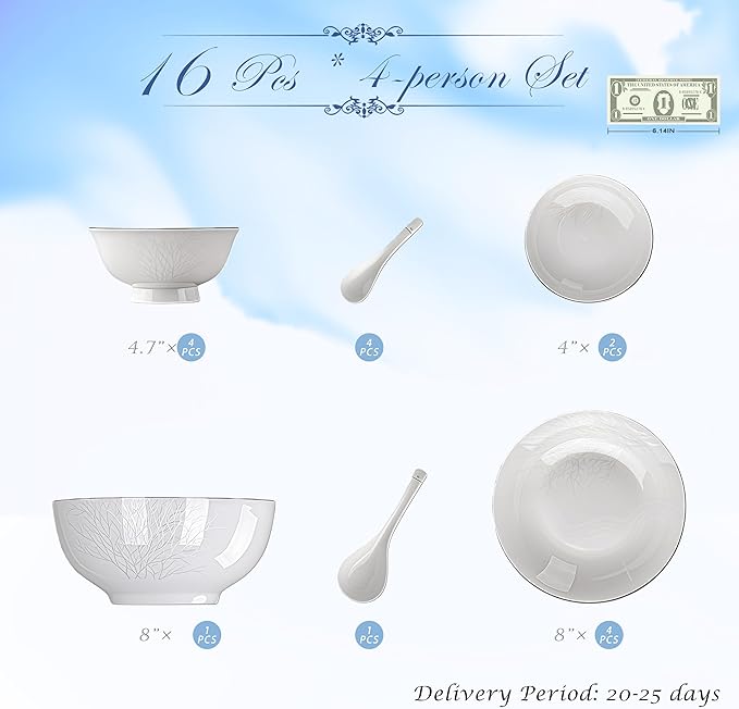Fine Bone China Dinnerware Set,Porcelain&Ceramic Dinnerware Sets,Bone Stoneware&Ceramic Cookware Tableware Set Includes Dinner Plates|Spoons|Pasta Bowls|Soup Pot|Chopsticks (16PCS * 4-Person Set)
