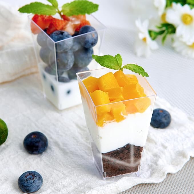 JOLLY CHEF 100 Pack 3 oz Square Mini Dessert Cups with Spoons, Clear Plastic Parfait Appetizer Cup, Small Plastic Dessert Serving Bowl for Tasting Party