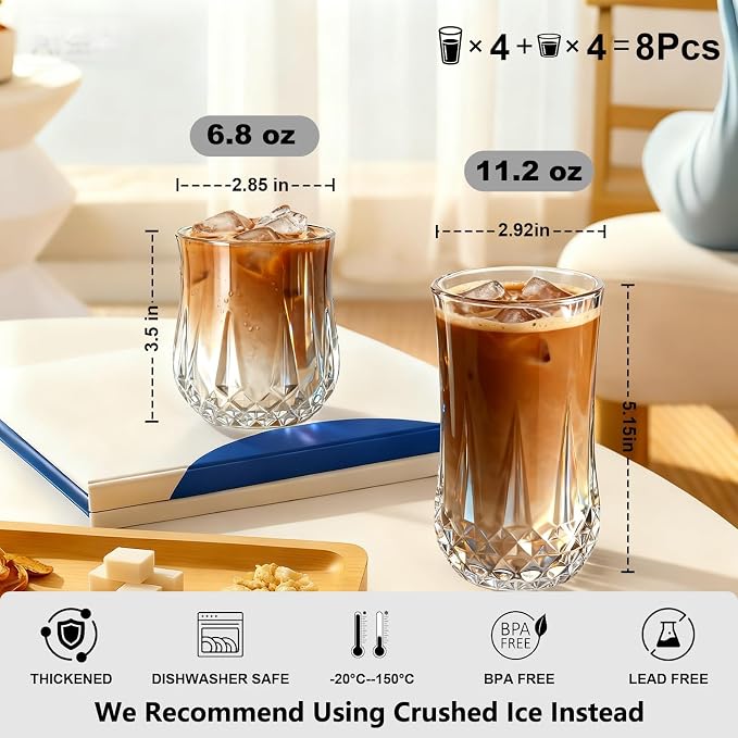 Ruckae Drinking Glasses Set of 8, 11 oz and 7 oz Kitchen Water Glass Cups Set - Image 2