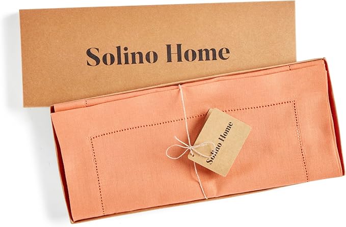 Solino Home Linen Tablecloth 60 x 132 Inch - Classic Hemstitch 100% Pure Linen Coral Table Cloth for Rectangle Tables - Machine Washable Tablecloth for Valentines, Spring, Easter