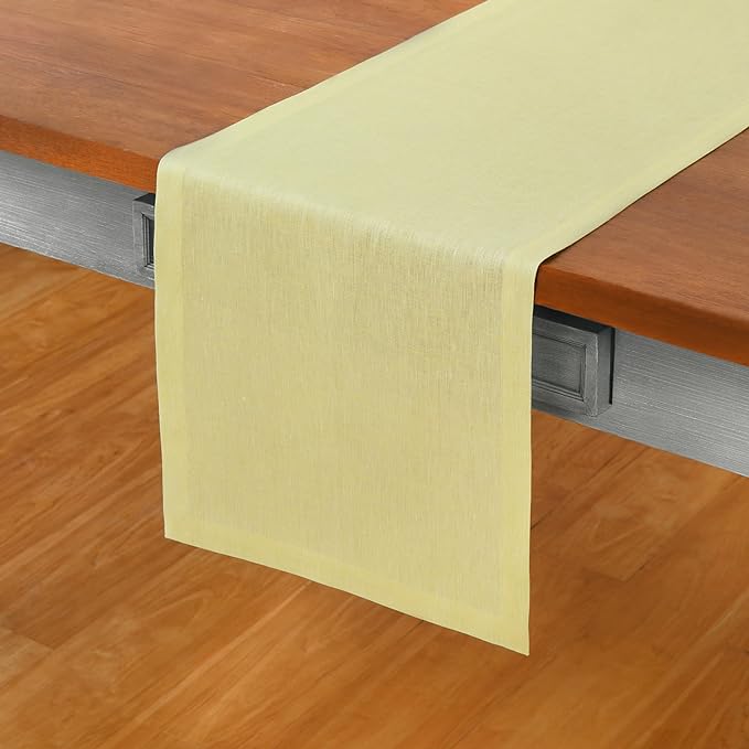 Solino Home Linen Small Table Runner 48 Inches - Athena, 100% Pure Linen Chambray Yellow Table Runner 14 x 48 Inch Ideal for Dresser and Coffee Tables, Spring, Easter