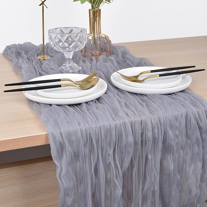 Joanlody Light Gray Cheesecloth Table Runner Spring Easter 10Ft Rustic Gauze Boho Cheese Cloth Table Runner for Wedding Bridal Baby Shower Decoration