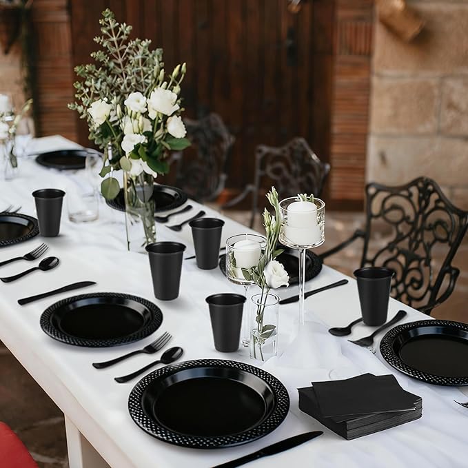 Kochorie 480 Pieces Black Plastic Dinnerware Set for 60 Guests Disposable Heavy Duty Plates Napkins Cups and Silverware Dessert Dinner Plates for Halloween Birthday Wedding Party Supplies