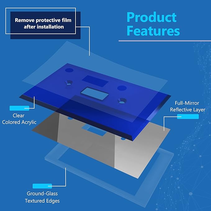 LIDER Toggle Switch Acrylic Wall Plate, Mirrored Light Switch Plate, Plexiglass Switch Cover, Mirror-like Reflective Finish, Modern Upgrade, Oversized 1-Gang 5.25" x 3.44", Blue
