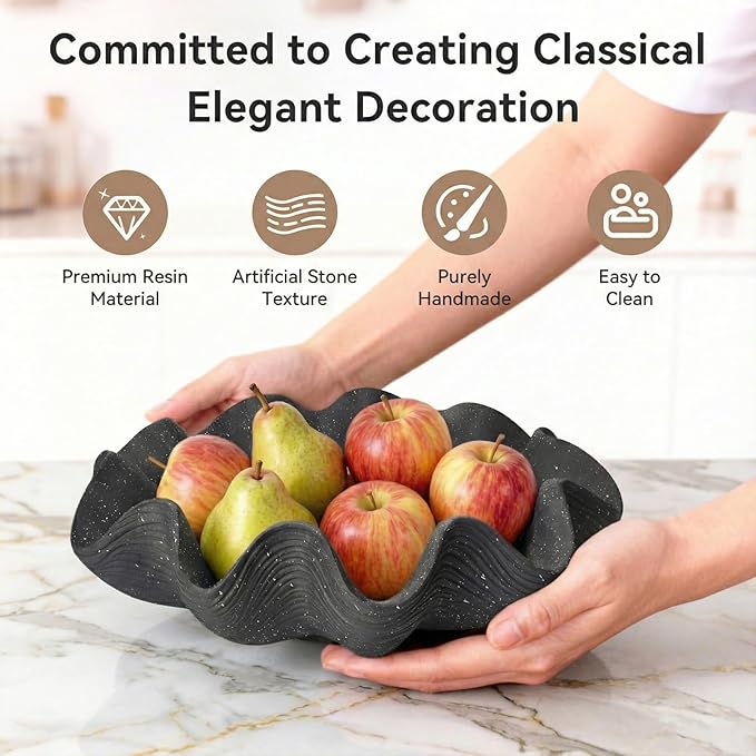 Scalloped Decorative Bowl Home Decor - 12.6" Modern Handicraft Large Shell Ruffle Decorative Fruit Bowl for Kitchen Counter, Chic Key Tray for Entryway Table, Starry Black