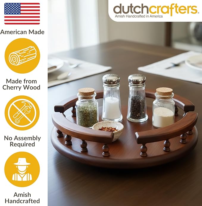 DutchCrafters Solid Wood Lazy Susan Turntable, Rotating Spice Organizer for Kitchen Counter, Dining Table - Amish American Made in USA (Cherry Wood, Michael's Cherry Stain, 12" with Rail)