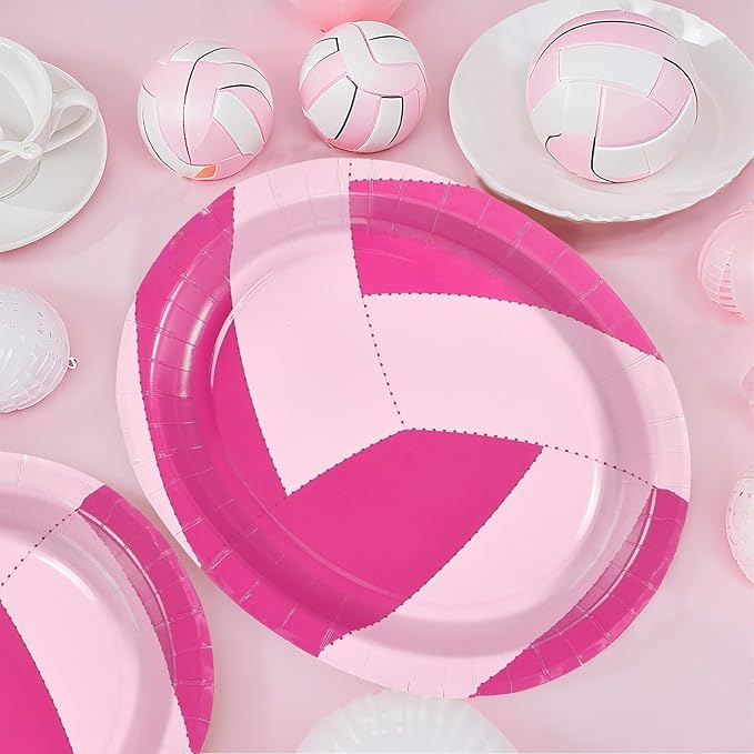Grencian 50Pcs Pink Volleyball Party Supplies 10" x 12" Volleyball Oval Paper Plates Sport Birthday Party Disposable for Girls Ball Games Birthday Baby Shower Decorations