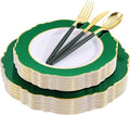WDF 30Guest Christmas Plates Disposable - Gold Plastic Silverware With Green Handle - Baroque Green &Gold Plastic Dinnerware for Wedding Birthday Party St. Patrick’s Day