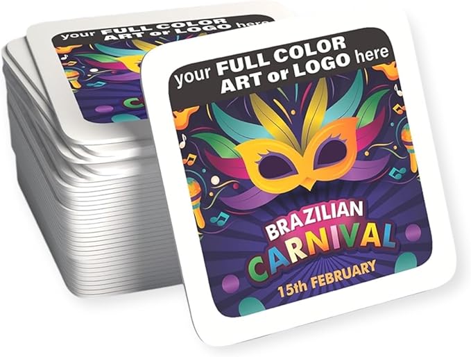 B.E. Green Custom Coasters - Pulpboard Personalized Coasters for Drinks - Full Color Print - Reusable & Absorbent - Beverage Coaster - Promotional Events & Celebrations - Pack of 50 - Square, 4"x 4"