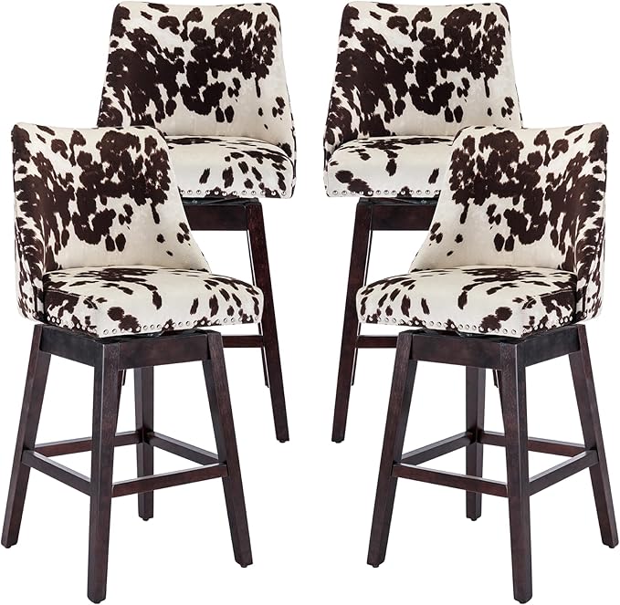 Counter Height Bar Stools Set of 4 Swivel Velvet Kitchen Stool Chairs with Back Mid Century Modern Barstool with Distressed Wood Legs for Dining Bar, Cow