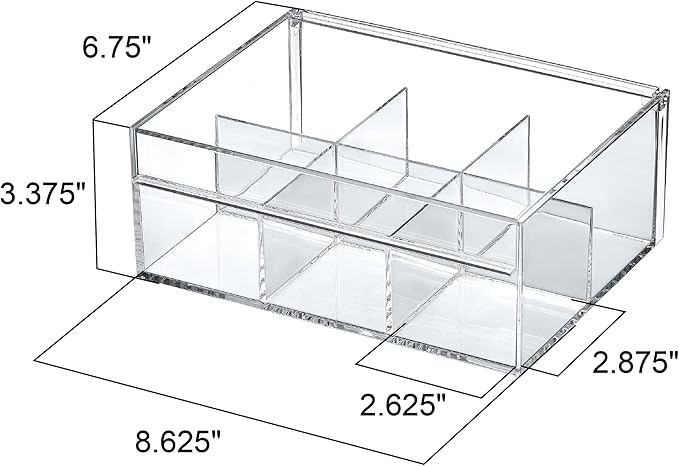 Amazing Abby - Tea-Rrific - Acrylic 6-Compartment Tea Bag Organizer, Clear Plastic Tea Box, 6-Slot Tea Chest, Perfect Tea Storage Solution for Kitchen Cabinet, Countertop, Pantry, and More