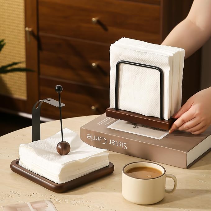 Napkin Holder with Wooden Base and Black Metal Frame, Modern Style - Image 6