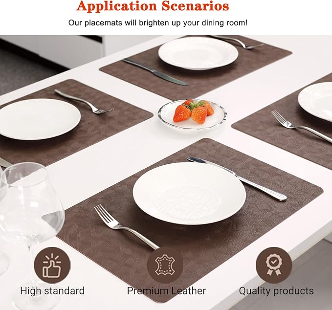 Vinyl Placemats Set of 8 Heat Resistant Easy Clean Non-Slip Place Mats for Dining Table Faux Leather Waterproof Stain Resistant Wipeable Washable PVC Table Mats(8, Brown)