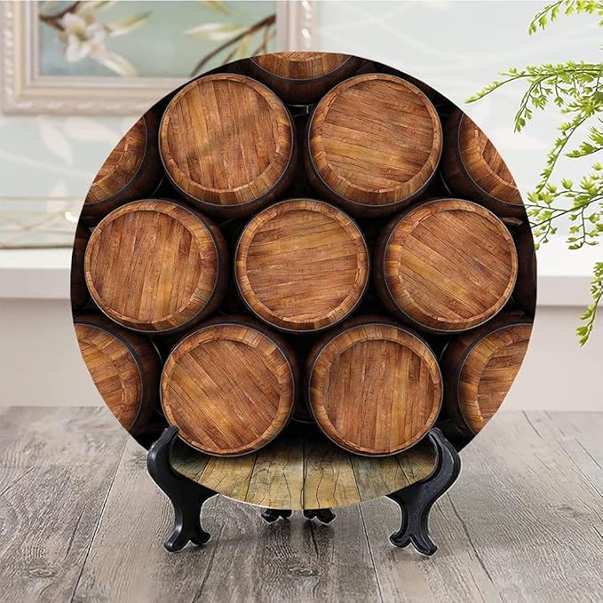 Ceramic Plates, Wine Decorative Ceramic Plates, Wall of Wooden Barrels, 6 Inch, Household Plates Decorative, Multicolor