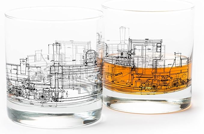 Black Lantern Whiskey Glass Set – 11oz Old Fashioned Tumblers for Bourbon, Scotch & Cocktails, Heavy Base Rocks Glasses Featuring Detailed Locomotive Blueprint Design, Great Gift for Men & Engineers
