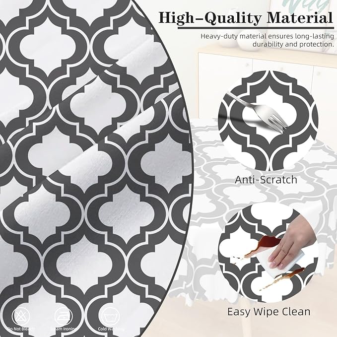 Laeacco 42 Inch Morocco Round Tablecloth Grey White Geometric Lattice Modern Abstract Art Print Table Cloth Washable Waterproof Wrinkle Free Table Cover for Kitchen Dining Picnic Party Decoration