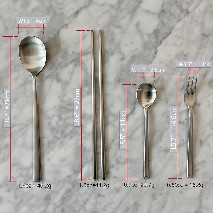 Korean Made Stainless Steel Silver Utensil Flatware Cutlery Korean Chopsticks and Spoon Set Tea Spoon and Tea Fork Set, 4SET Stocking Stuffer Gift for Mom Stocking Stuffer