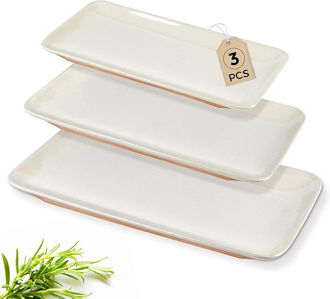 AmorArc Ceramic Serving Platter,Rectangular 16"/14.3"/12.6" inch Serving Dishes for Party Entertaining,Stoneware Serving Trays forTurkey,Salad,Microwave&Dishwasher Safe-Set of 3-Light Beige