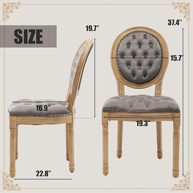 SoarFlash French Dining Chairs Set of 2, Vantage Dining Chair with Round Back, Wood Leg Farmhouse Country Velvet Dining Chair for Kitchen,Bedroom,Grey