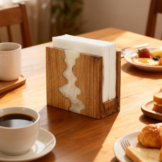 Acacia Wood Napkin Holder for table, Handmade Epoxy Resin Tissue Box Holder - Image 2
