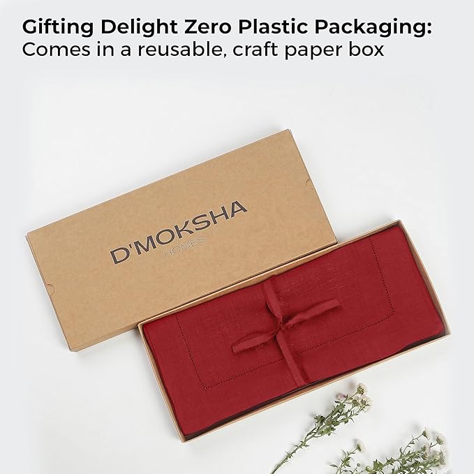 D'Moksha Homes Linen Red Table Runner 108 Inches Long - 100% Pure Linen 14 x 108 Inch Table Runner for Valentines, Spring - Classic Hemstitch