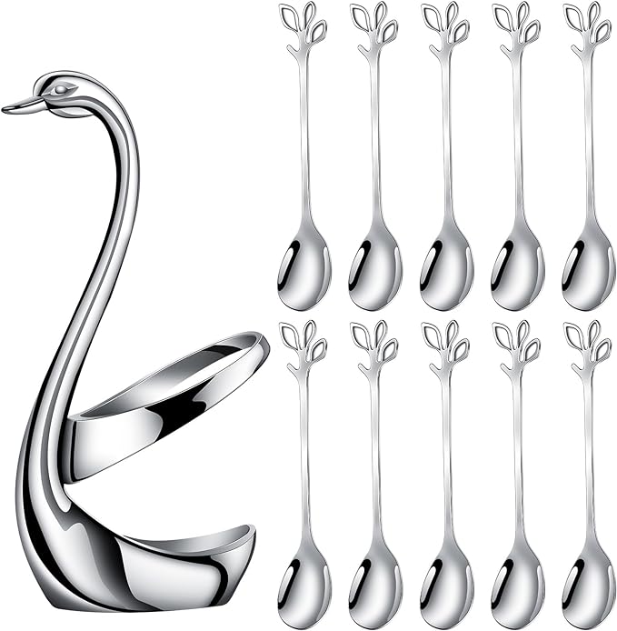 AnSaw Silver Swan Base With 10-Pcs Mini Leaf Coffee Spoon Holder Set-4.7" | by AnSaw
