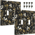 Decorative Light Switch Cover Black/Gold Boho Botanical Floral Rustic Flowers 2 Gang Wall Plate Double Toggle Switch Plate Receptacle Electrical Outlet Cover Switchplate for Bathroom Kitchen（2 Pack）