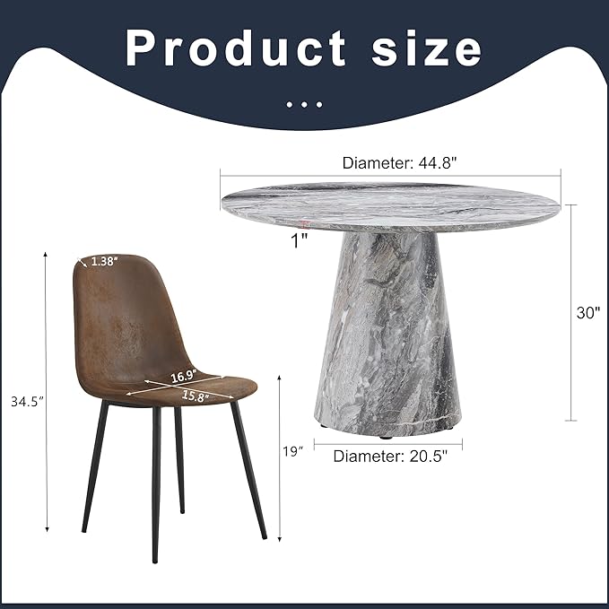 Round Dining Table Set for 4, 45" Modern Faux Marble Kitchen Table and Upholstered Chairs, 5 Piece Small Circle Dinette Set for Dining Room, Kitchen (Marble Gray Set)