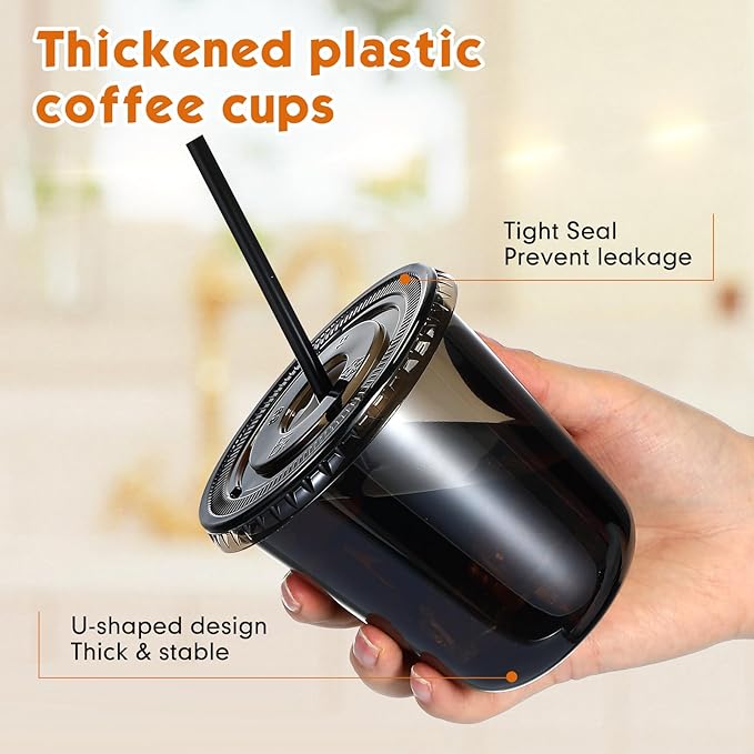 50 Sets Clear Plastic Cups with Lids and Straws, Disposable Iced Coffee Cups Drinking PET for Cold Drinks, Juice, Smoothie, Coffee Shops, Party, Christmas (Black,12 oz)