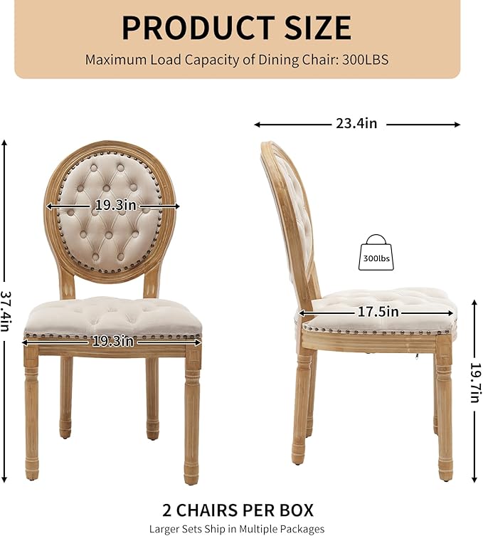 Vintage French Dining Chairs Set of 4, Round Back Velvet Upholstered Accent Chairs with Nailhead Trim and Solid Wood Frame, Elegant Sillas de Comedor for Dining Room & Kitchen, Beige
