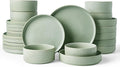 Famiware Star Dinnerware Set with Pasta Bowls, Service for 6 (24 Pieces), Ribbed Stoneware Plates and Double Bowls Sets - Chip & Scratch Resistant, Microwave & Dishwasher Safe Dishes, Matte Sage Green