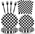 100 Pcs Racing Checkered Party Supplies Set, Serves 25 – Disposable Black and by Merriva