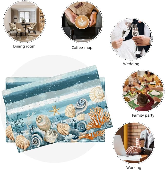 Ocean Seashell Placemats Set of 6, Beach Starfish Place Mats, Coastal Marine Life Waterproof Washable Table Mats for Home Party Indoor Kitchen Dining Table Decoration 12x18 Inch