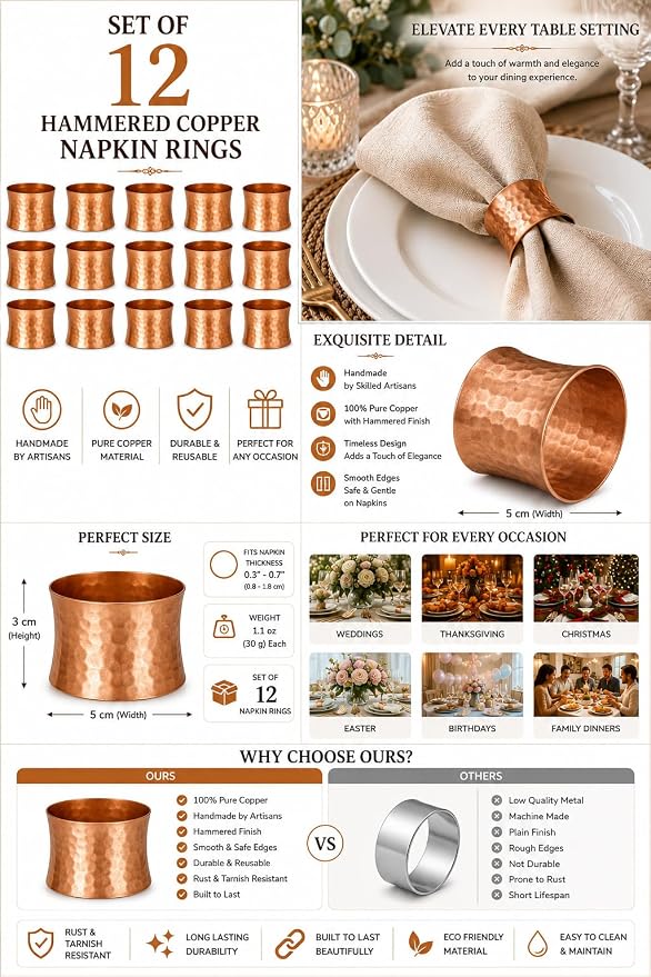 Round Hammered Napkin Rings Set of 12, Napkin Rings Bulk, Serviette Adornment - Image 4