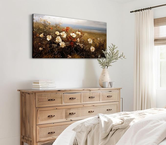 ADJUVANT Wall Art Vintage Coastal Wildflower Field 48"L x 24"W, Seaside Meadow With White And Orange Blooms Canvas Painting Nature Artwork Retro Floral Prints Botanic Wall Decor for Living Room Bedroom