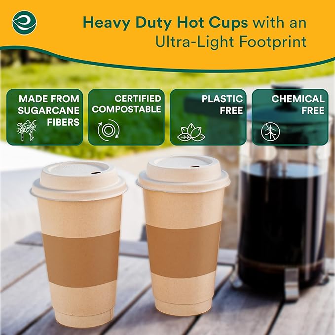 ECO SOUL 200 Pack 16 oz Disposable Coffee Cups with Lids & Sleeves Eco-Friendly, Biodegradable, Compostable, Leak-free & Sturdy To Go Hot Drink Cup for Tea, Chocolate Party Travel Cafe Office & Home