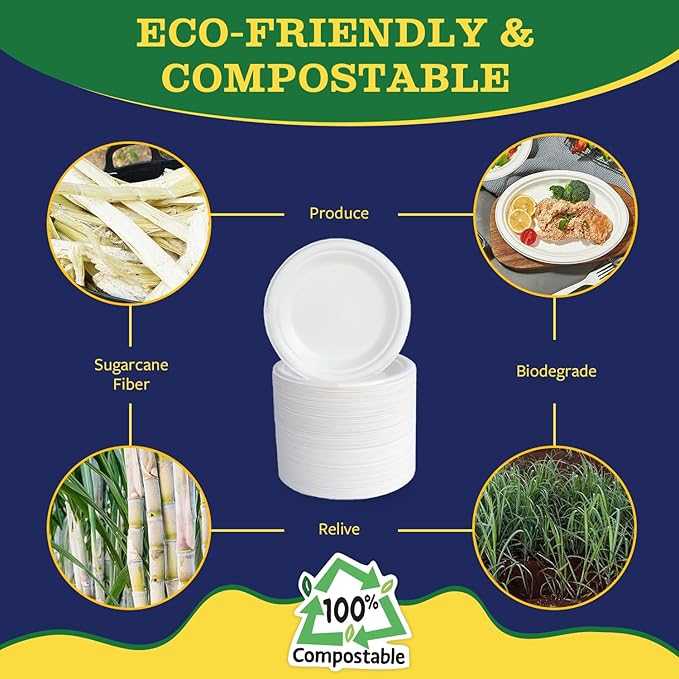 9” Compostable Plates, 125-Pack | Biodegradable Sugarcane | Sturdy, Microwave-Safe Disposable Plates for Parties & Events